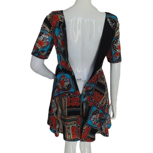 MINKPINK Dress, Jr M, Geometric Floral/Roses, Skater, Poly, Aqua/Black/ - Picture 8 of 12